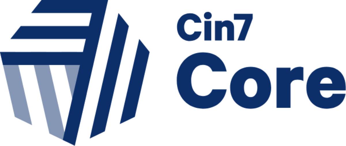 Cin7 Core logo featuring a stylized blue hexagon with lines and the text 