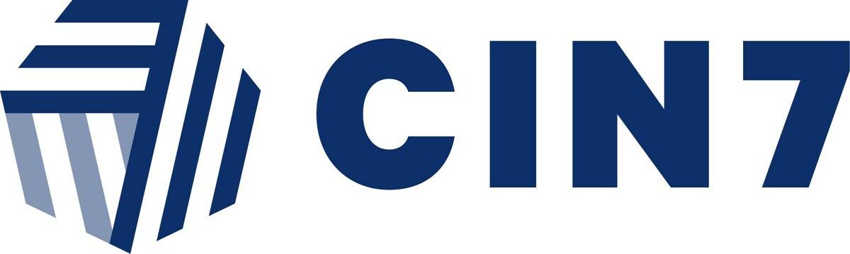 Logo of CIN7, featuring a geometric design with diagonal stripes in navy blue alongside the text CIN7 in bold capital letters.