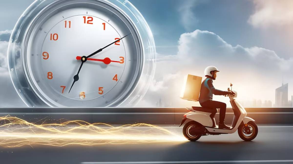 A delivery rider on a white scooter speeds along a city road, with a large clock symbolizing urgency in the background.