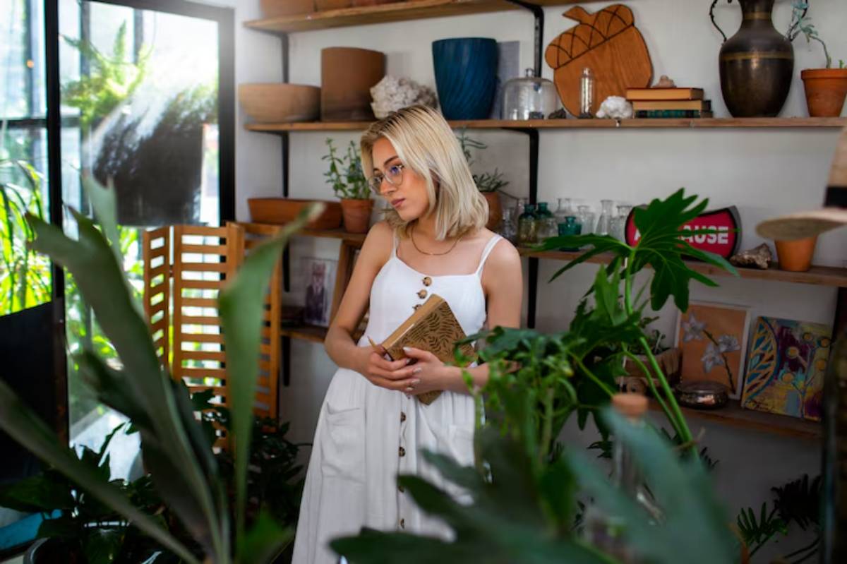 A woman in a white dress stands among various plants and shelves filled with decorative items, holding a book in a cozy setting.