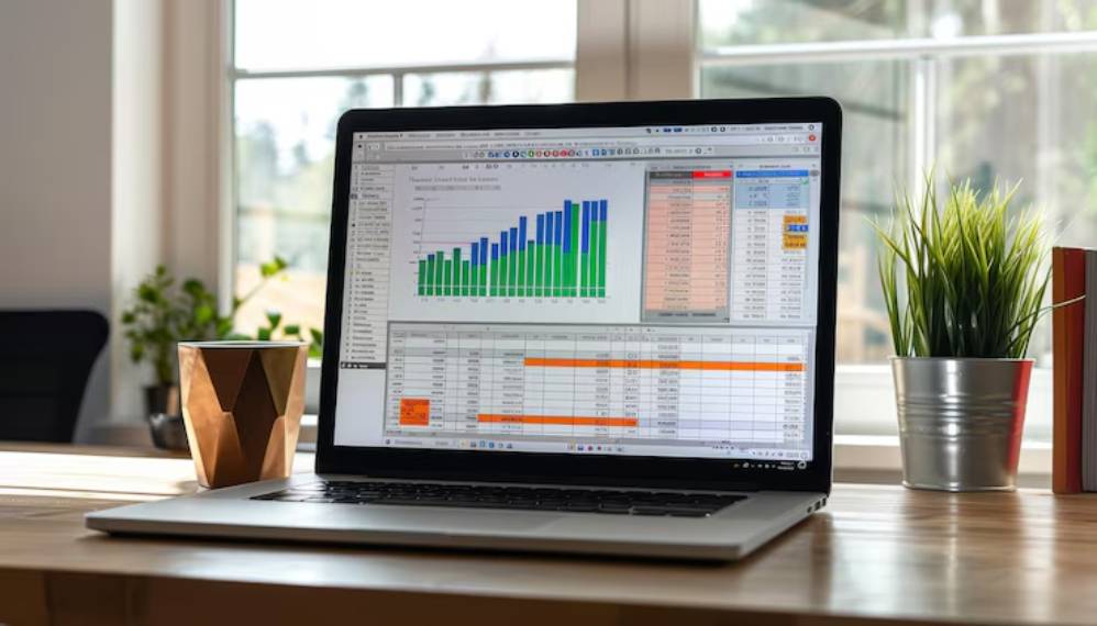 A laptop on a desk displays colorful graphs and data spreadsheets, surrounded by plants and a decorative pot.