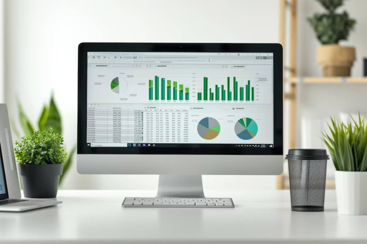 A modern computer monitor displays colorful graphs and data charts, with a keyboard, coffee cup, and potted plants on a sleek desk.