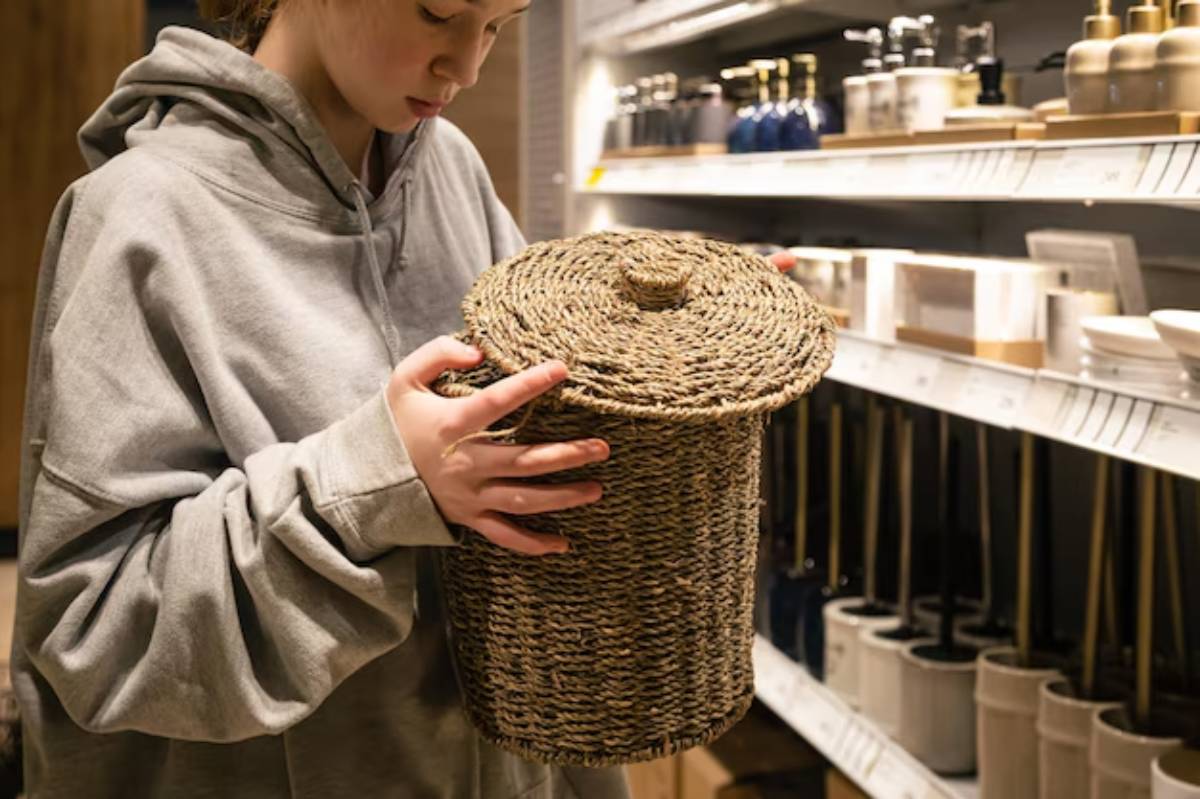 A person holds a woven storage basket, surrounded by shelves filled with various home decor items and accessories.