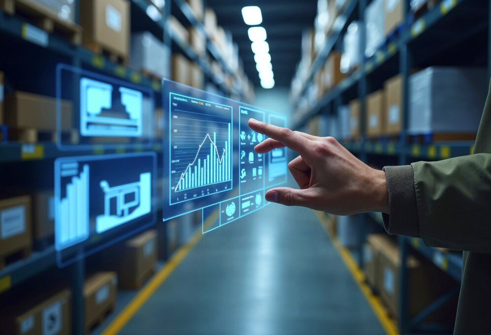 A hand interacts with a floating digital interface displaying graphs and data, set in a modern warehouse lined with boxes.