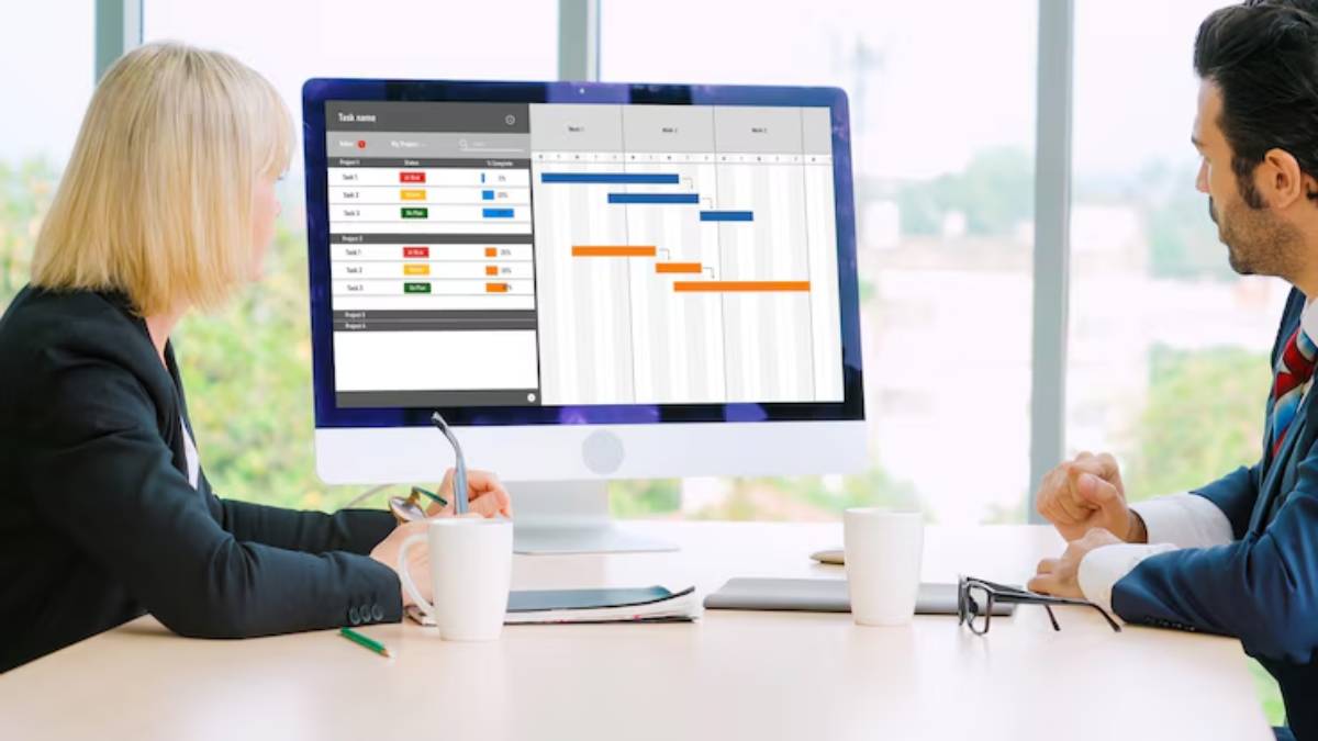 A professional meeting with two individuals discussing project tasks displayed on a large monitor, featuring a Gantt chart.