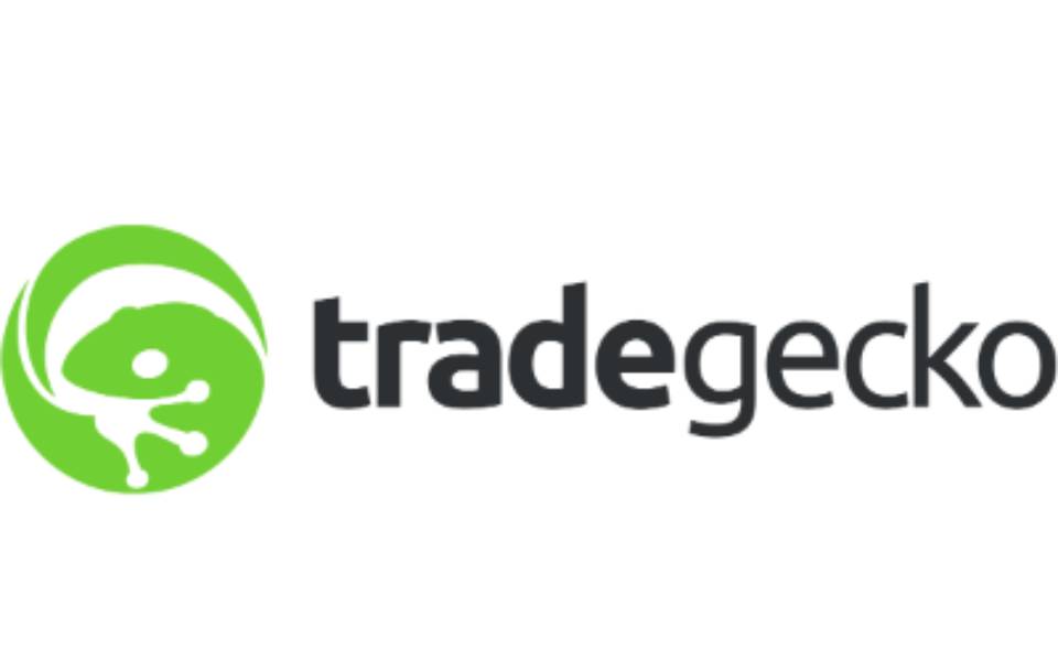 TradeGecko featuring a green circular design with a chameleon-like figure, accompanied by the brand name in bold black text.