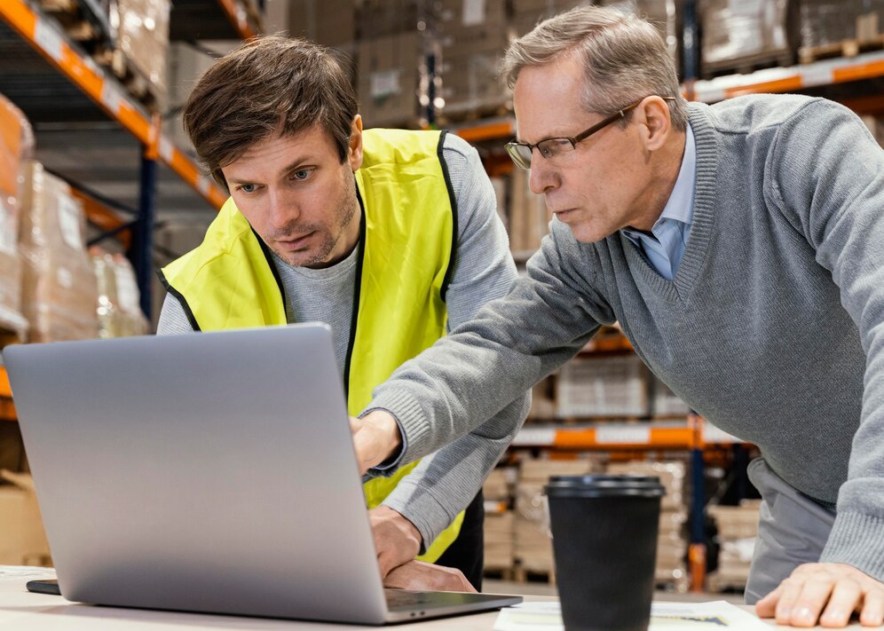 Two professionals collaborate over a laptop in a warehouse setting, with shelves stocked in the background and a coffee cup nearby.