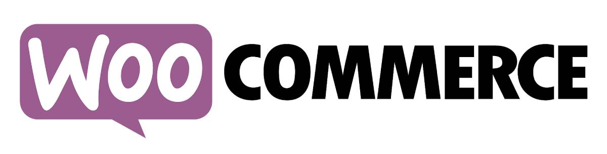 Logo of WooCommerce, featuring a speech bubble with Woo in purple and Commerce in bold black text.