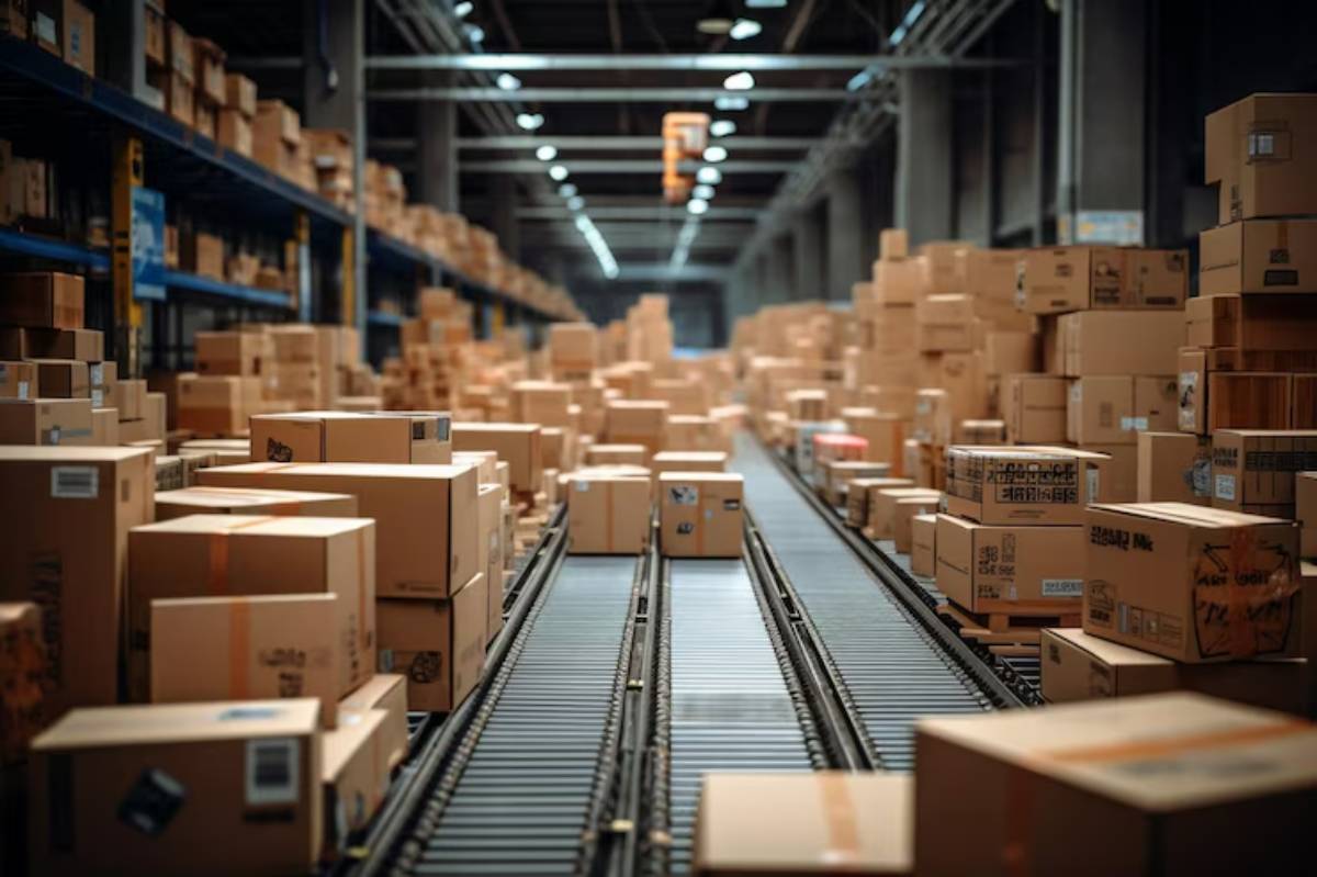 A busy warehouse with numerous cardboard boxes lining conveyor belts and shelves, illuminated by overhead lights.