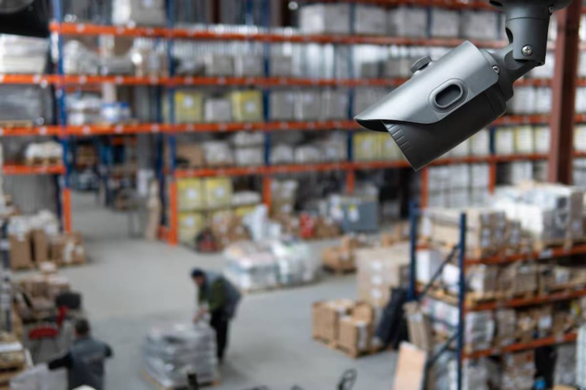 A large warehouse filled with shelves of stacked boxes, with a security camera positioned in the foreground.