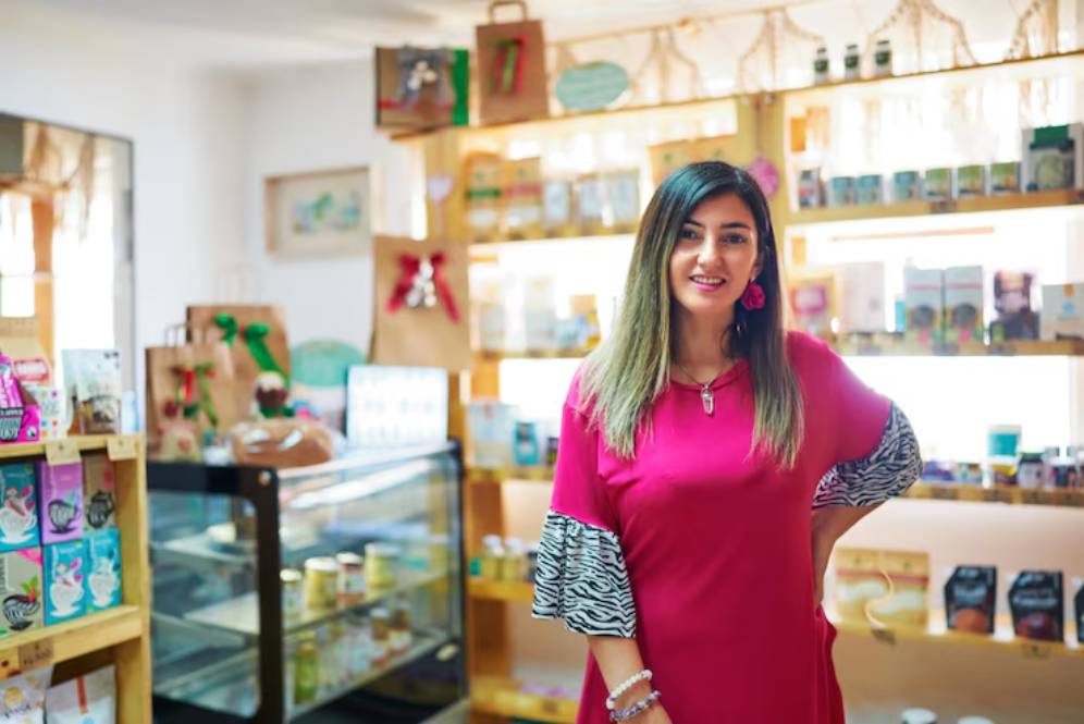 A woman stands confidently in a cozy store filled with colorful product displays, showcasing various goods on wooden shelves.