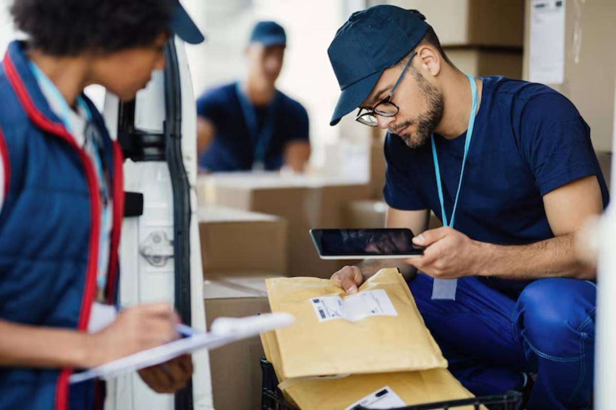 A delivery worker examines a package while another staff member takes notes, surrounded by cardboard boxes in a delivery van.